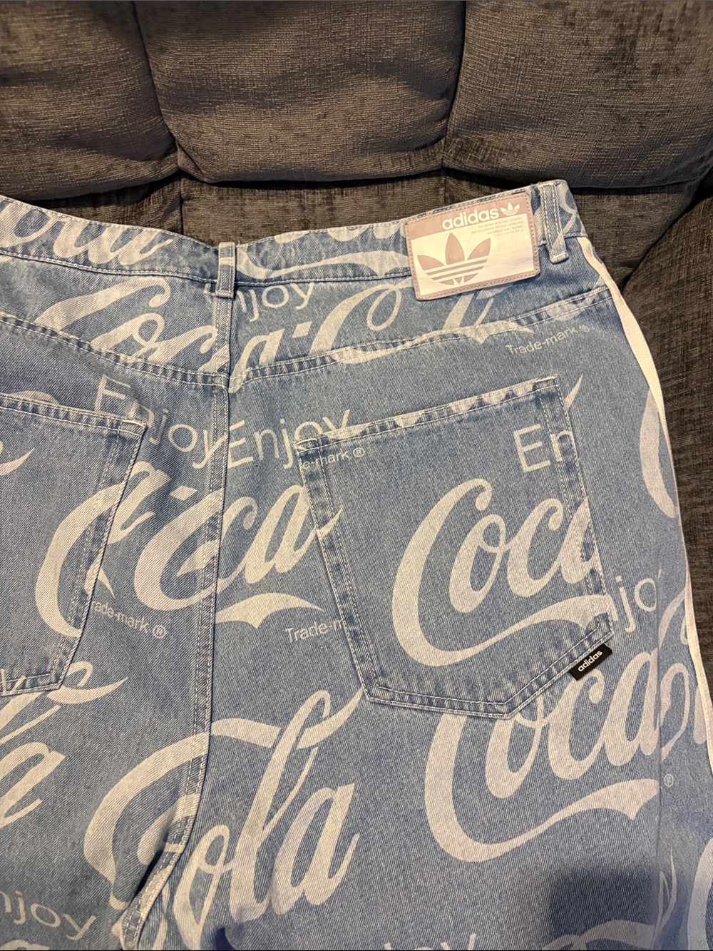 Adidas,Coca-Cola Light Blue & White Logo Denim Jorts, Brand new,cut small - Picture 2 of 6
